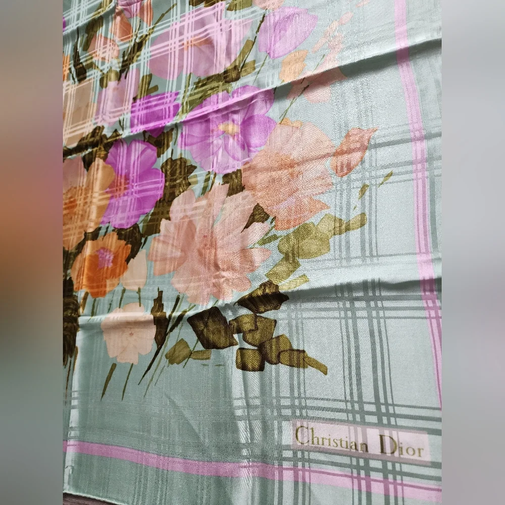 Auth Dior Pastel Plaid Sage Green Silk Scarf